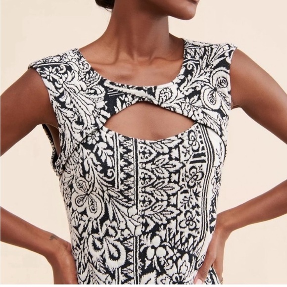 Anthropologie Black & White Jacquard Cut-Out Midi Dress Keyhole Fitted M cute - Picture 3 of 14